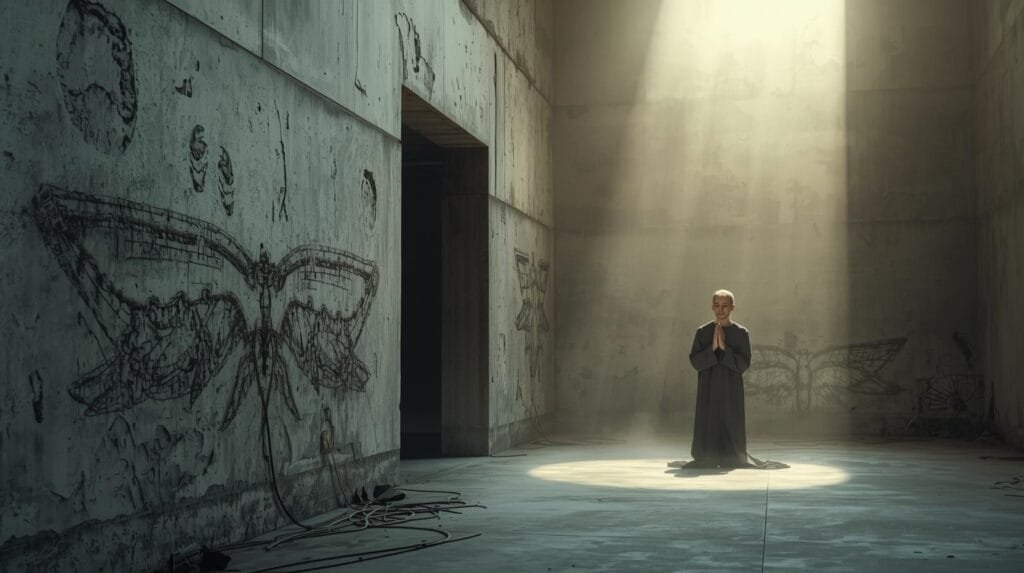 Serene person praying in a dimly lit, abandoned building with butterfly murals, heavy rays of sunlight streaming in, creating a peaceful yet mysterious atmosphere, symbolizing hope and spirituality in an urban setting.