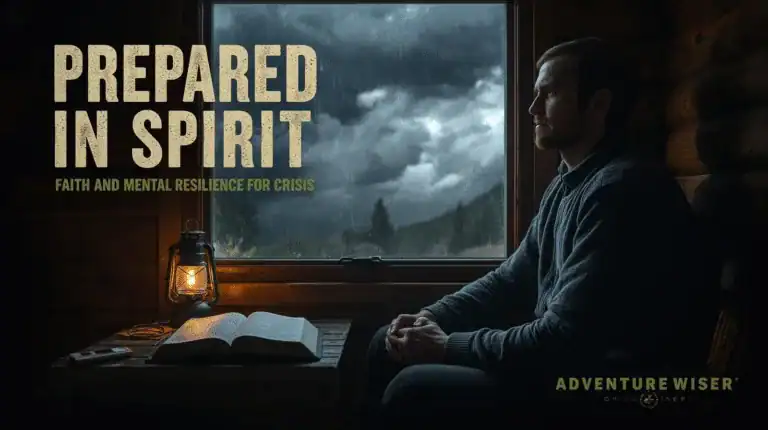 Prepared in spirit for outdoor adventures and crisis resilience, a man sits contemplatively by a window on a rainy day, embodying faith and mental resilience for challenging journeys with Adventure Wiser.
