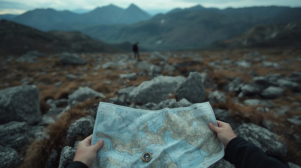 Topographic map of mountain trail in rugged terrain with hiker in the background, emphasizing outdoor adventure, hiking, and navigation.