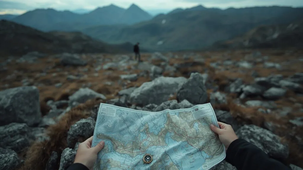 Topographic map of mountain trail in rugged terrain with hiker in the background, emphasizing outdoor adventure, hiking, and navigation.