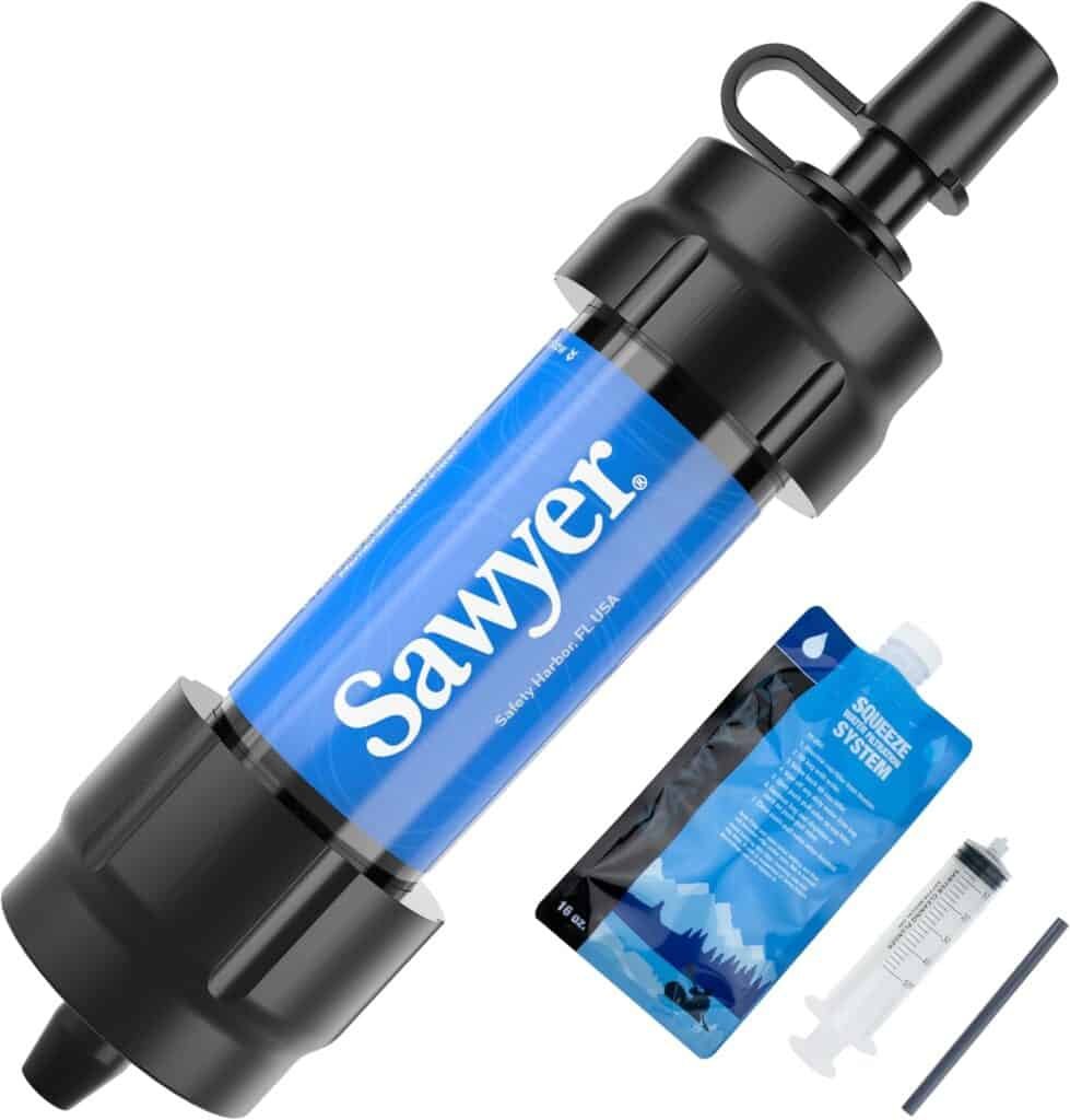 High-quality water filtration system for outdoor adventures, includes reusable filter, squeeze water system, and syringe for easy maintenance. Perfect for camping, hiking, and emergency preparedness.