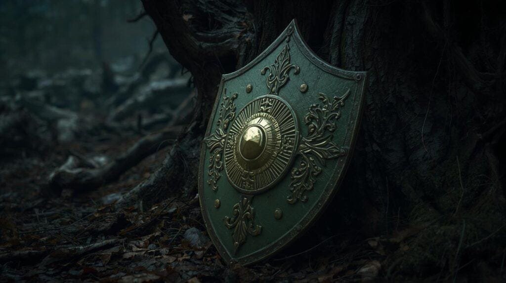 A detailed medieval-style shield resting against a tree trunk in a dark, misty forest, featuring intricate gold and green ornamentation and emblematic designs.