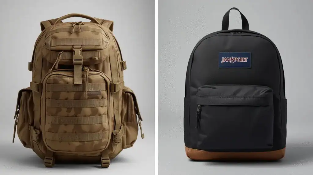 Durable tactical backpack and stylish JanSport school bag, perfect for outdoor adventures and daily commuting, with multiple compartments for travel gear and essentials.