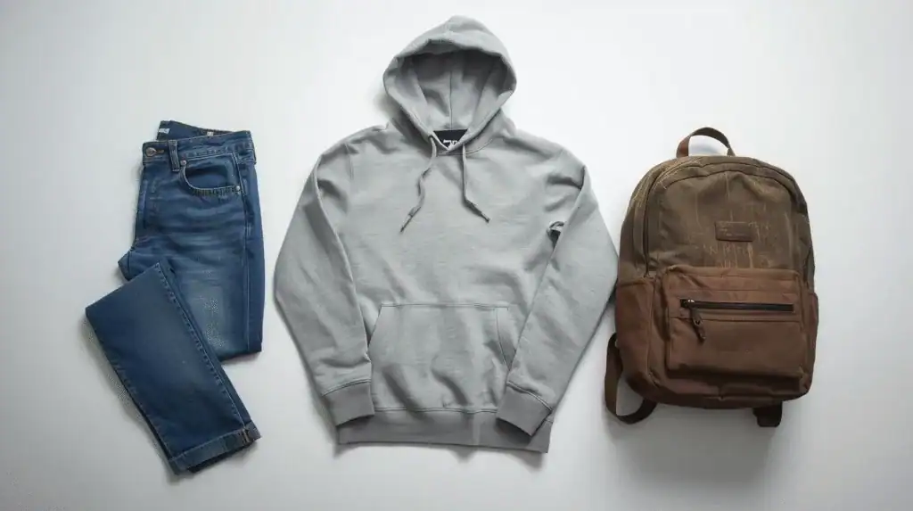 Comfortable gray hoodie with drawstrings, paired with blue denim jeans and a durable brown backpack, perfect for outdoor adventures and travel.