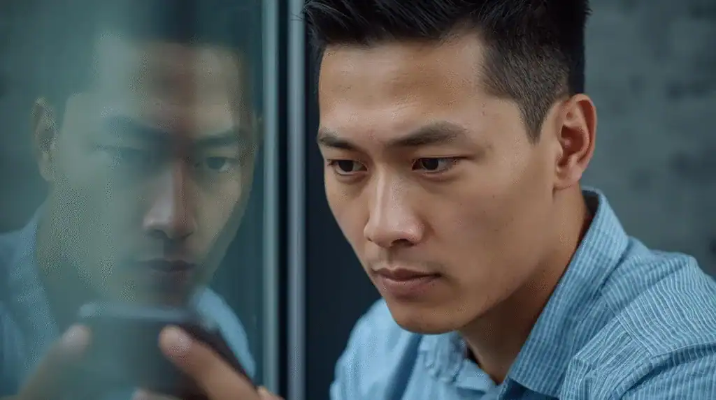 Situational Awareness → Casual person glancing at phone in reflection.