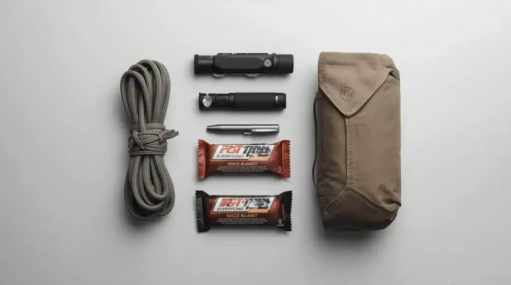 High-quality outdoor gear and survival essentials for adventure travelers, including climbing rope, compact flashlight, tactical pen, space blanket, and a rugged carrying pouch, perfect for wilderness expeditions.