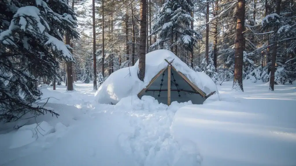 Snow-covered camping tent in a dense winter forest with tall pine trees, ideal for winter outdoor adventures and survival camping trips.