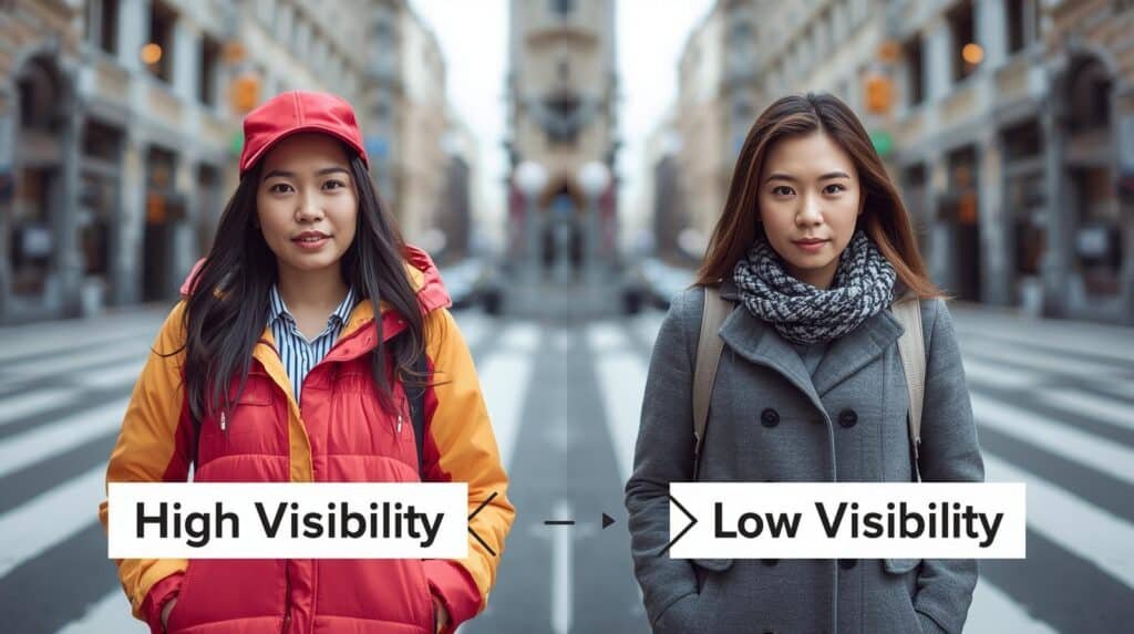 Brightly dressed women standing in a city street demonstrating high visibility and low visibility in outdoor safety gear for urban exploration and adventure travel.