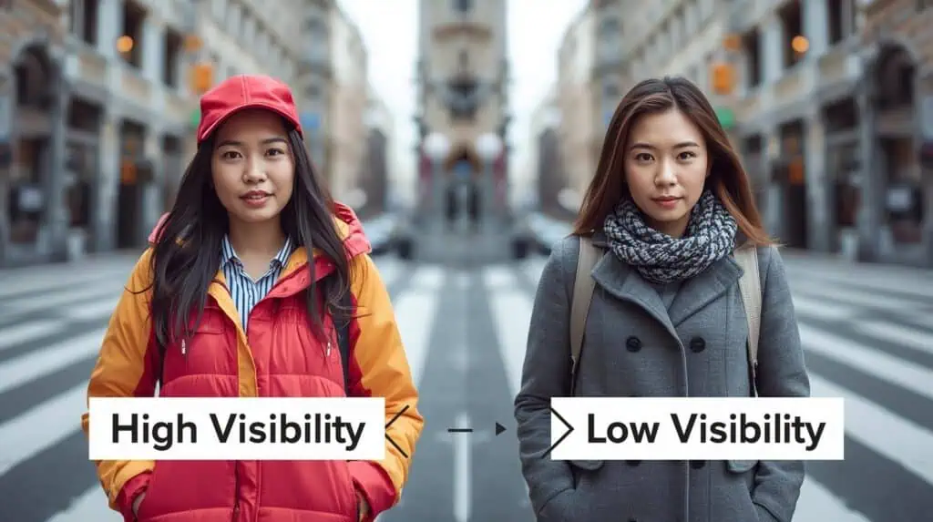 Brightly dressed women standing in a city street demonstrating high visibility and low visibility in outdoor safety gear for urban exploration and adventure travel.