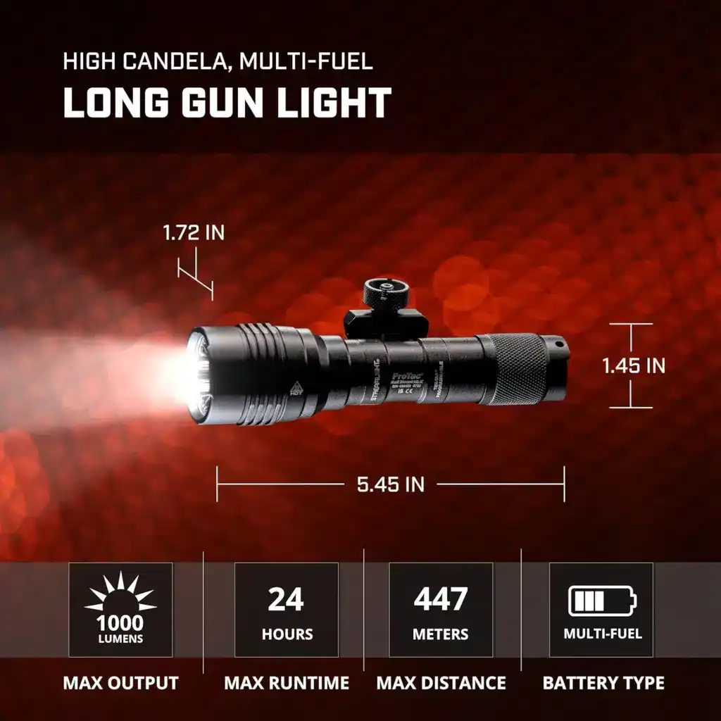High candela, multi-fuel long gun light with 1000 lumens max output, 24 hours runtime, 447 meters max distance, and multi-fuel battery compatibility for outdoor adventure and tactical use.