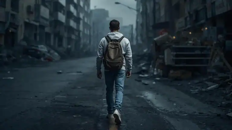 Disaster survivor walking through a post-apocalyptic urban street, showing resilience and survival skills in a disaster preparedness scenario for adventure enthusiasts.