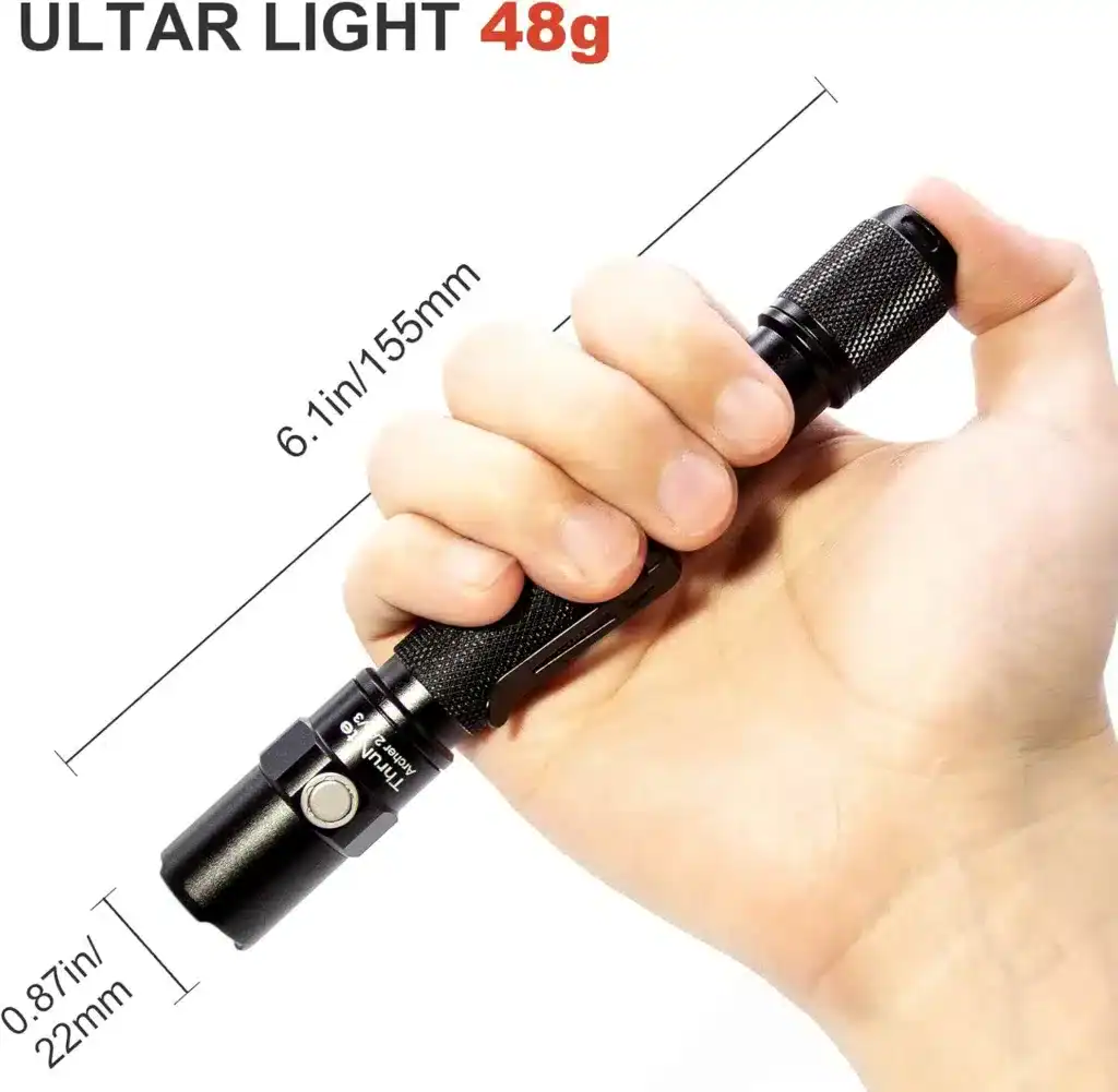 Compact tactical flashlight with 6.1-inch (155mm) length, lightweight 48g, and durable design, ideal for outdoor adventures, camping, and emergency use.