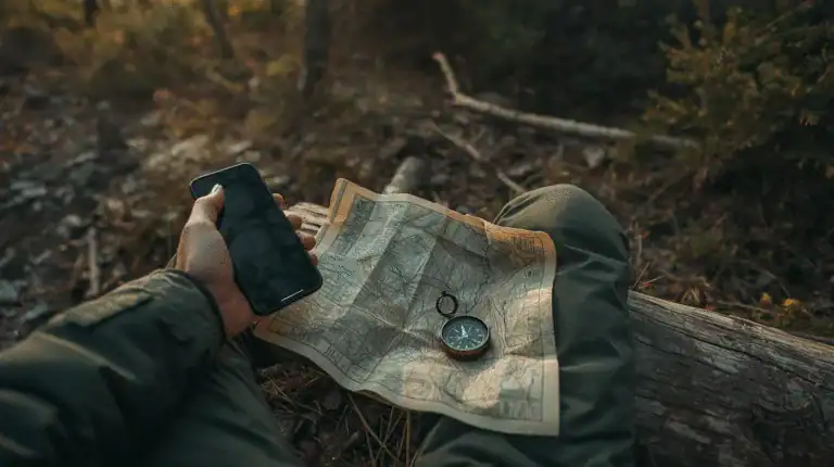 A hiker resting in the woods reading a trail map, holding a smartphone, with a compass on their lap, amid natural forest surroundings. Perfect for outdoor adventure, navigation, and wilderness exploration.