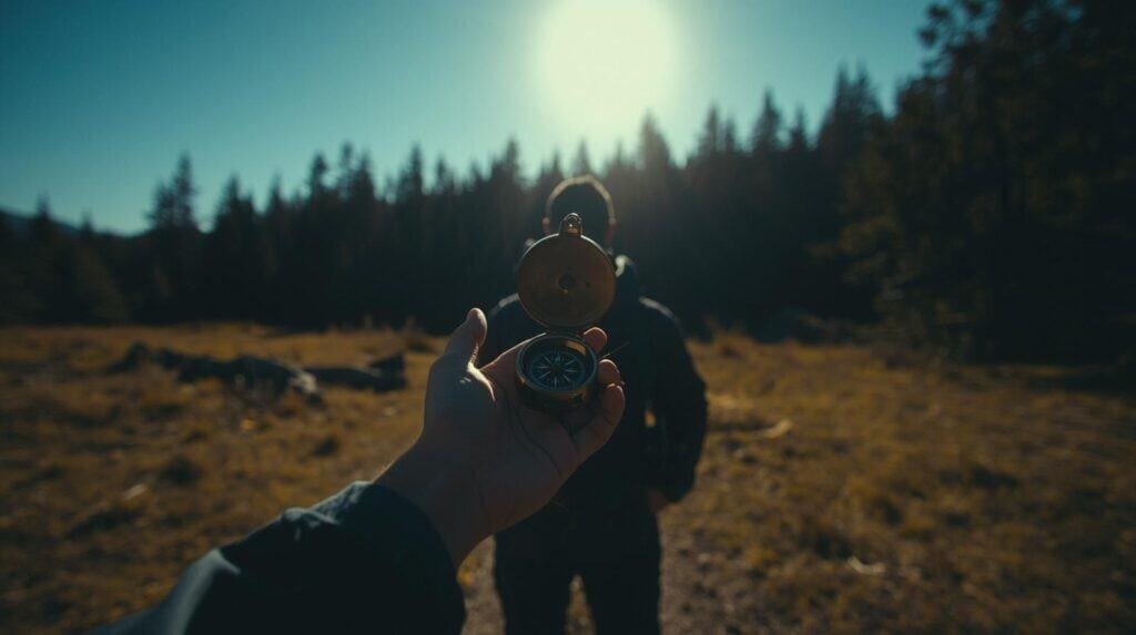 Hiker practicing compass bearings in a field with forest landmark.