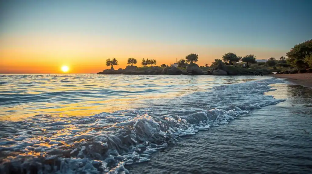 Sunset over a peaceful beach with gentle waves, tropical trees, and rocky shoreline, perfect for outdoor adventure and relaxation.