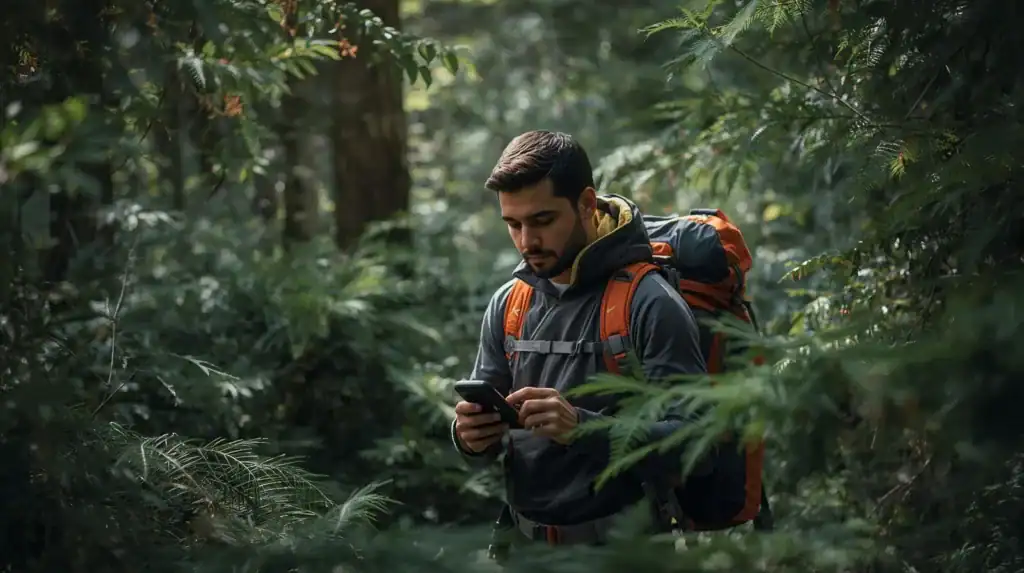an image of a hiker lost in the woods holding GPS