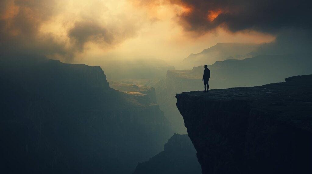 Mystical mountain landscape at sunset with a lone hiker standing on a cliff, capturing the spirit of adventure and exploration in nature.