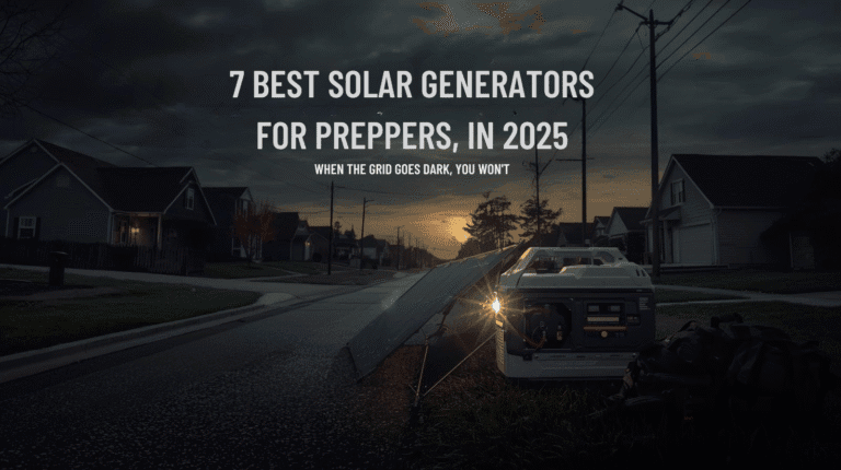 Solar power generator on a residential street at sunset, ideal for preppers and emergency backup during power outages.