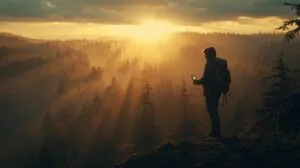 Aerial view of a hiker using smartphone amidst a forest at sunset, highlighting outdoor adventure, exploration, and nature photography.
