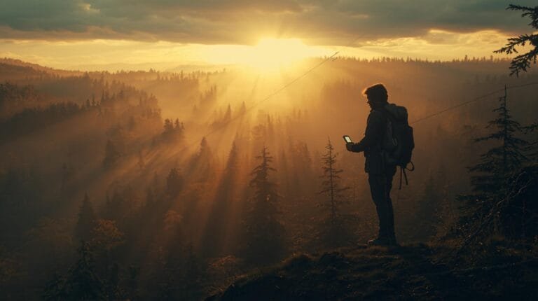 Aerial view of a hiker using smartphone amidst a forest at sunset, highlighting outdoor adventure, exploration, and nature photography.