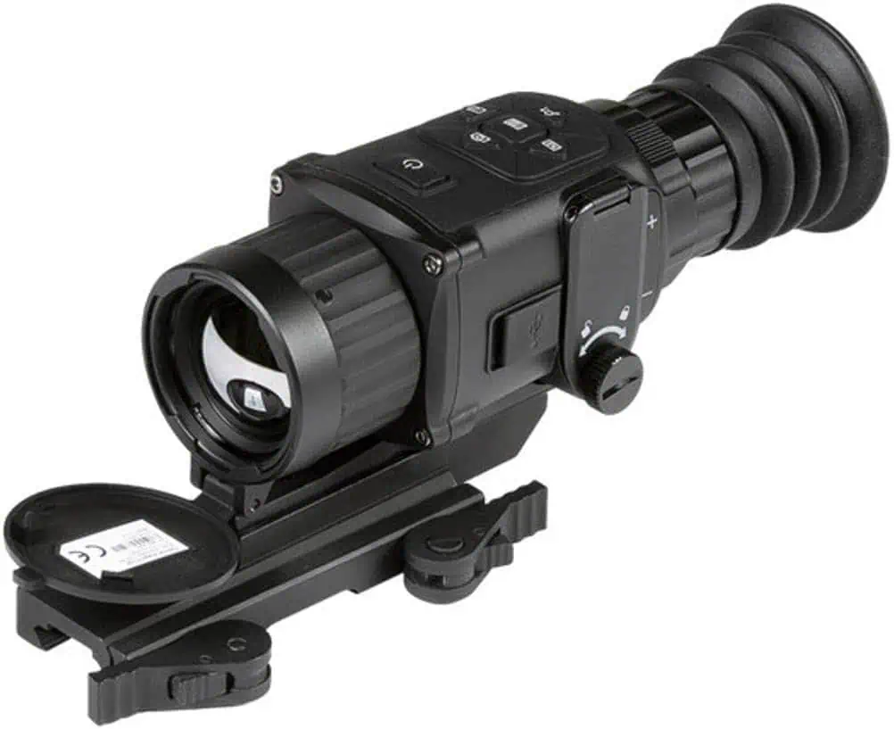 High-powered thermal imaging scope for outdoor adventures, wildlife observation, and hunting, with adjustable focus and magnification for clear, detailed images in low-light conditions.
