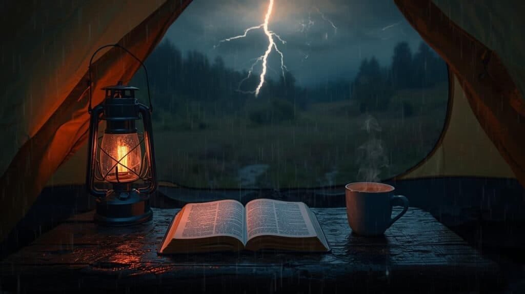 A cozy camping scene inside a tent during a thunderstorm with lightning, featuring a lantern, an open book, and a steaming cup of coffee, highlighting adventure and outdoor camping experiences.