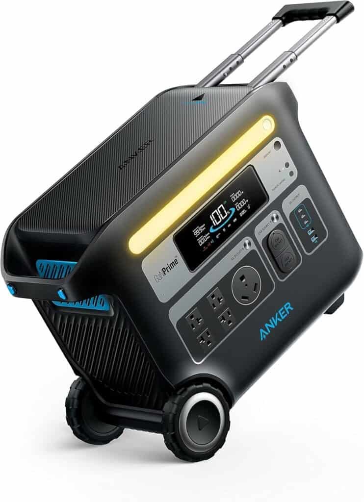 Portable power station with multiple outlets, digital display, and charging ports, ideal for outdoor adventures, camping, and emergency backup power needs.