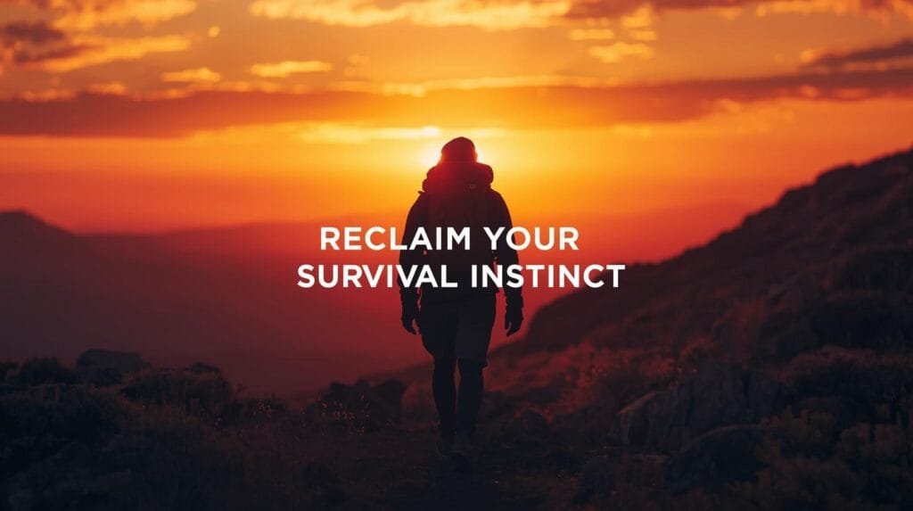 Back view of a lone hiker walking into the sunrise, minimalist backpack, confident stride — “Reclaim Your Survival Instinct.”