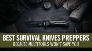 Sharp survival knife with black handle and curved blade on dark wooden surface, surrounded by camping gear, maps, and gear accessories, emphasizing preparedness for outdoor adventures and survival situations.