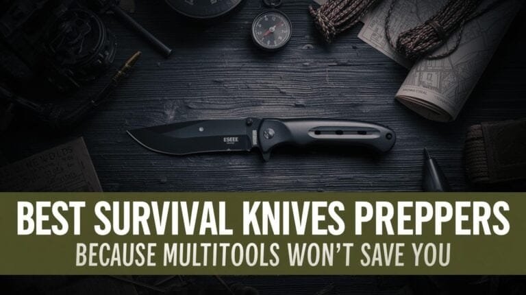 Sharp survival knife with black handle and curved blade on dark wooden surface, surrounded by camping gear, maps, and gear accessories, emphasizing preparedness for outdoor adventures and survival situations.