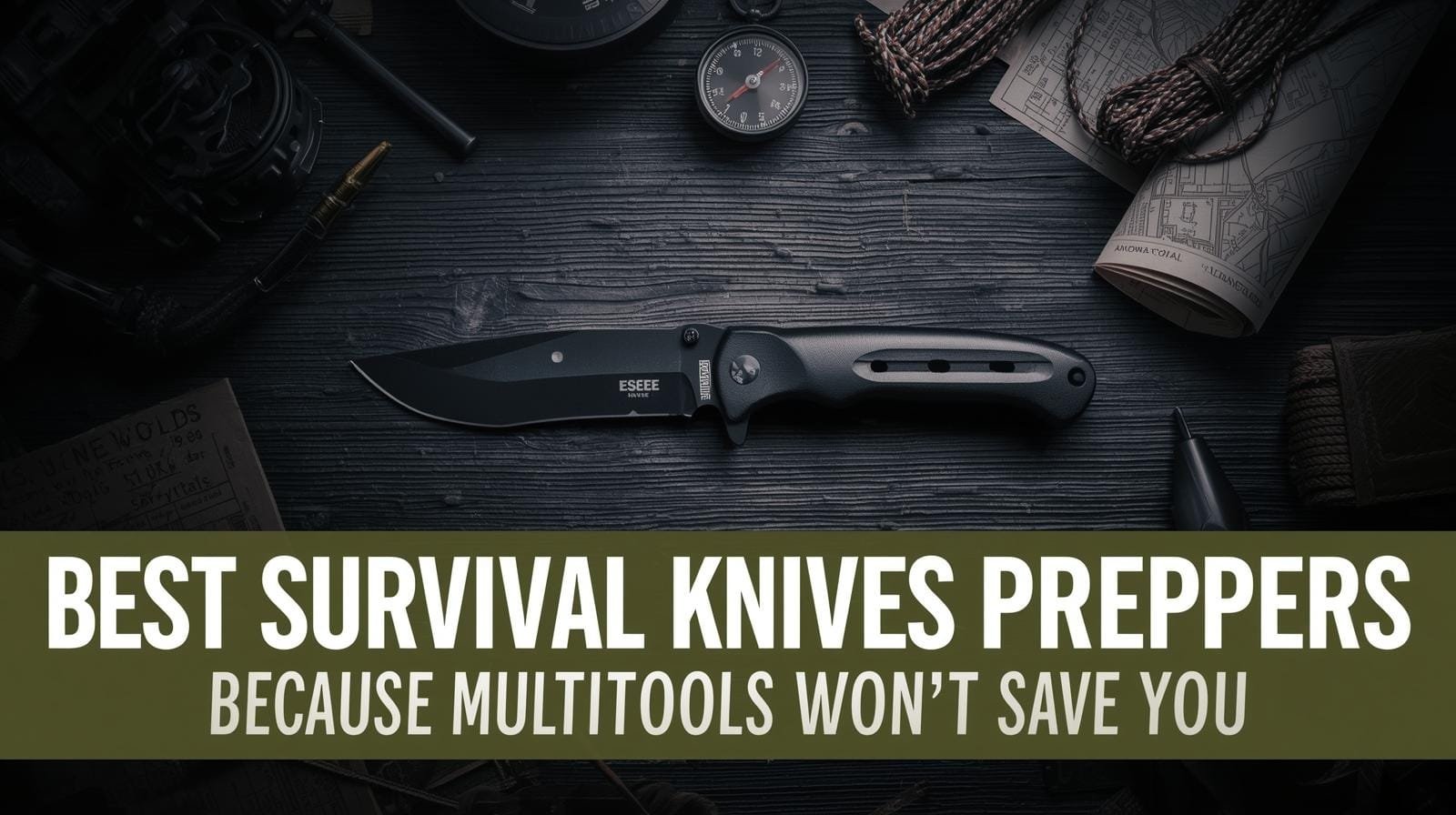 Sharp survival knife with black handle and curved blade on dark wooden surface, surrounded by camping gear, maps, and gear accessories, emphasizing preparedness for outdoor adventures and survival situations.