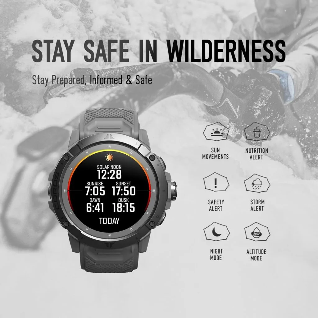 Solar-powered outdoor smartwatch with sun movements and storm alerts.