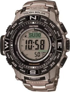Casio Pro Trek digital watch with solar power, compass, altimeter, barometer, and outdoor features for adventure and hiking enthusiasts.
