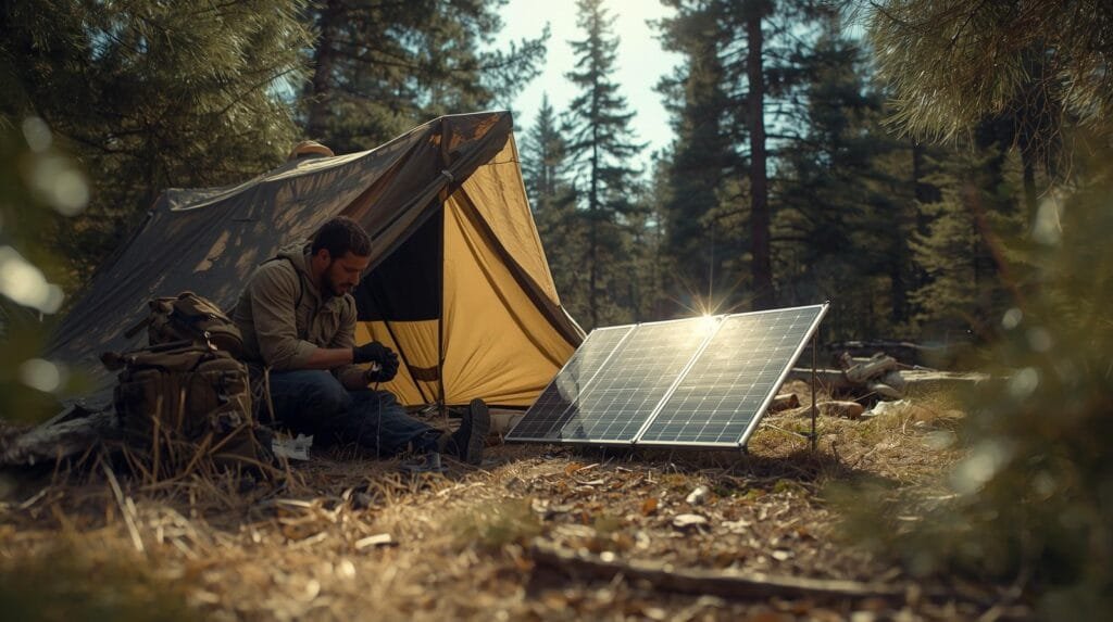 Solar-powered camping setup in the forest with a tent and solar panel for off-grid adventure and outdoor recreation.