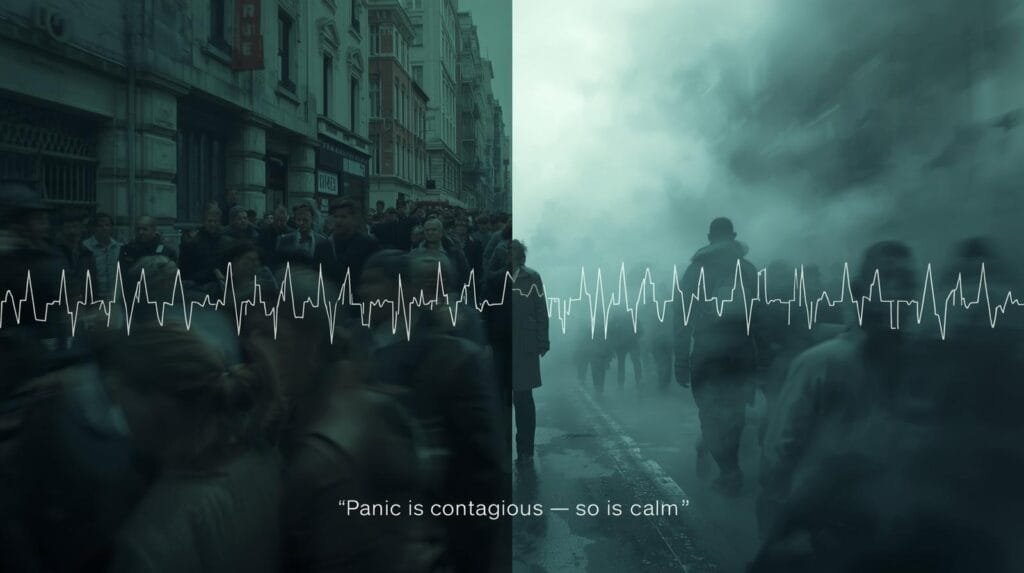 Split-image of panic and calm showing how one composed person can steady chaos — Adventure Wiser visual on mental resilience.