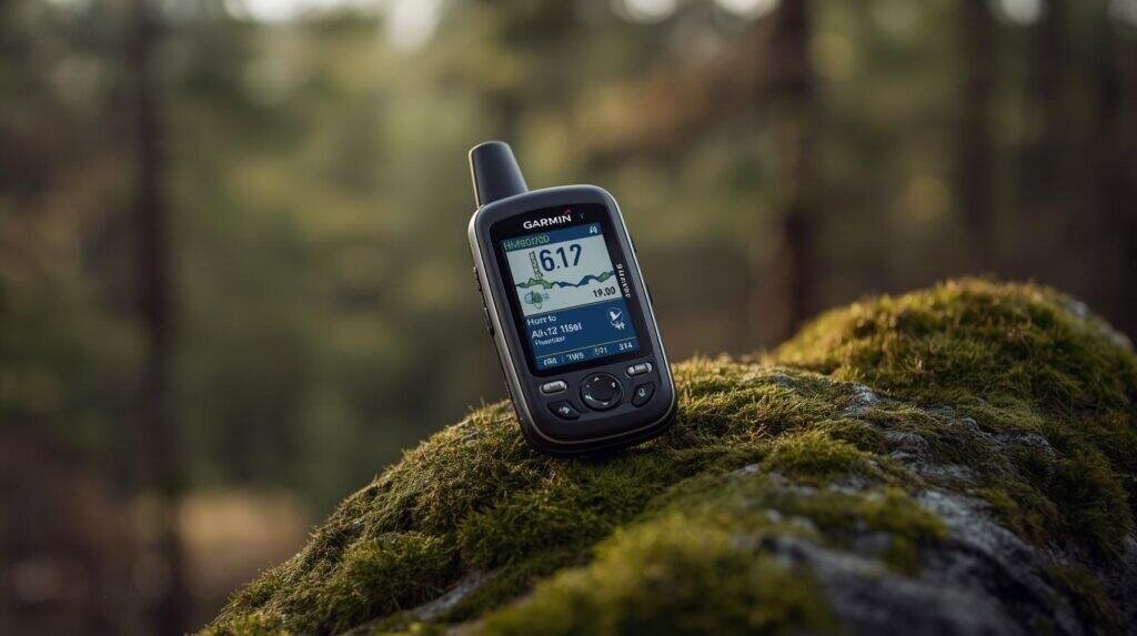 GPS handheld device on a mossy log in forest with a detailed trail map and elevation profile for outdoor adventure hiking.