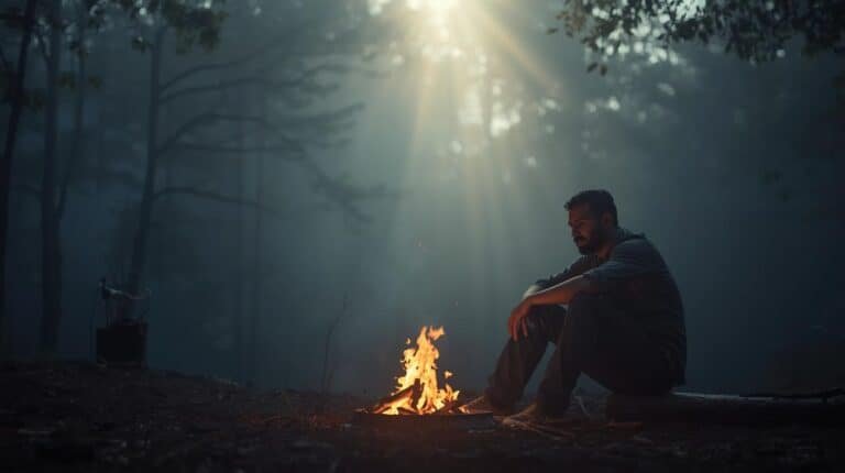 Cozy man sitting by campfire in a misty forest during sunrise or sunset, enjoying outdoor adventure and nature exploration outdoor adventure camping.