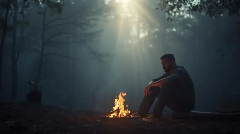 Cozy man sitting by campfire in a misty forest during sunrise or sunset, enjoying outdoor adventure and nature exploration outdoor adventure camping.