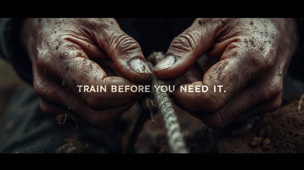 Close-up of rough hands tying a knot, dirt under fingernails, practical skill focus — “Train before you need it” caption overlay.