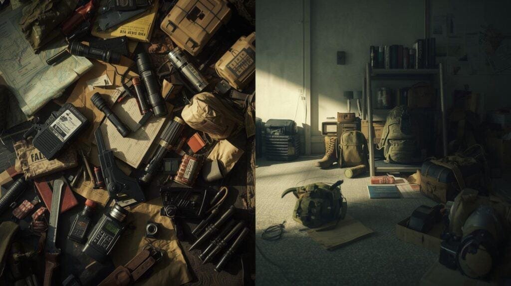 “Create a split-scene image representing mental decluttering for preppers.__Left Side_ A cluttered workspace filled with prepper gear — maps, flashlights, MREs, radios, and notes s