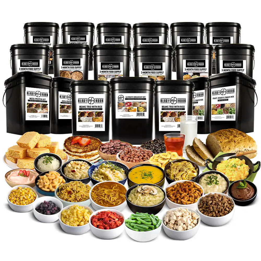 Prepping emergency food supply kits with ready-to-eat meals, snacks, and survival essentials for outdoor adventures, camping, and hiking preparedness.