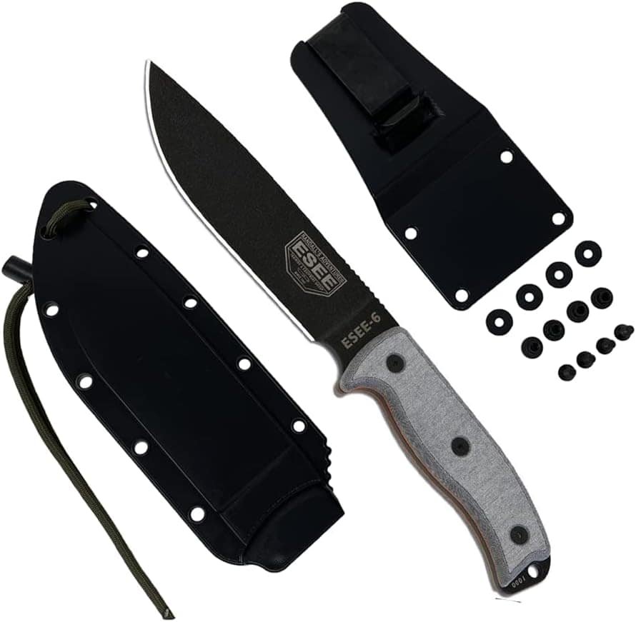 ESEE fixed survival knife with sheath and accessories for outdoor camping and hunting gear.
