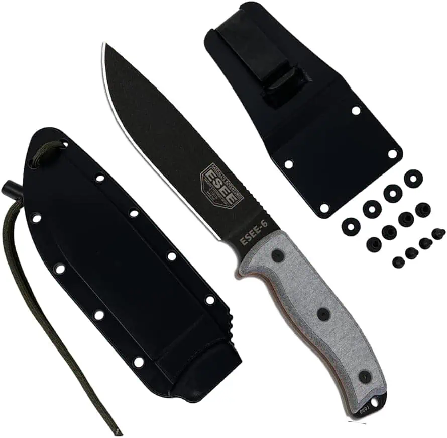 ESEE fixed survival knife with sheath and accessories for outdoor camping and hunting gear.