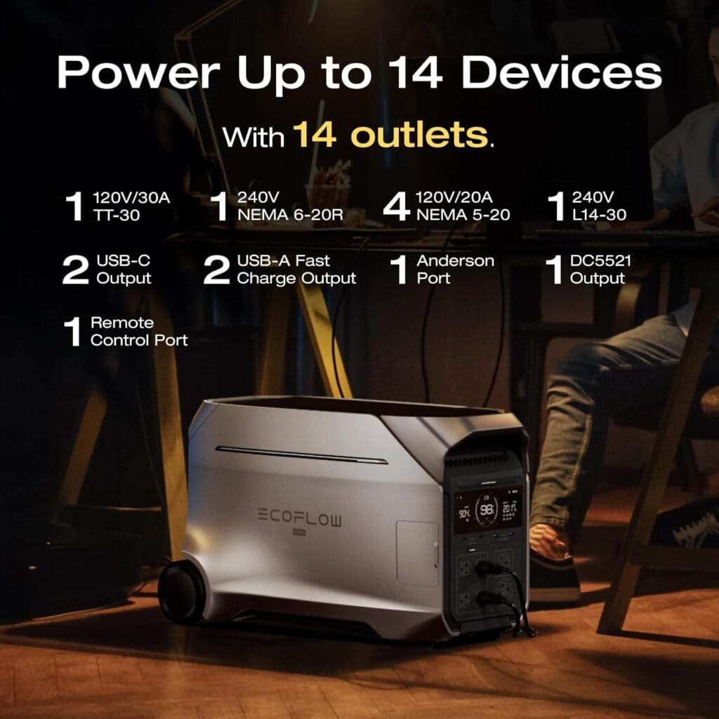Multiple charging devices connected to EcoFlow portable power station, highlighting versatile energy solutions for outdoor adventures and off-grid power needs.