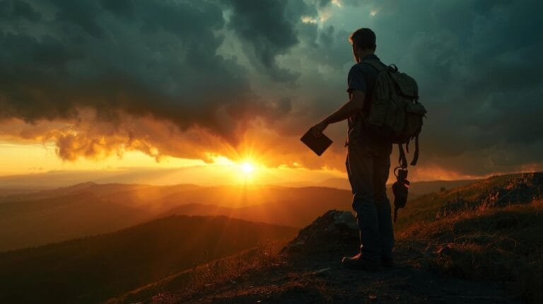 Vast mountain landscape at sunset with a hiker holding a tablet, wearing a backpack, as dark clouds roll in, capturing adventure, exploration, and outdoor trekking themes.