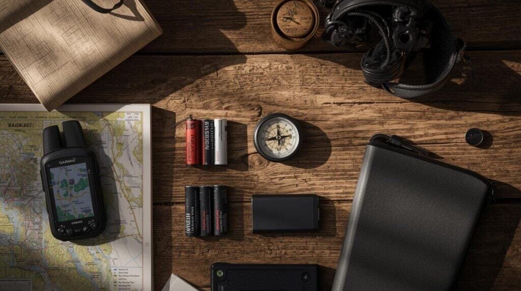 Flat-lay of GPS navigation gear including Garmin GPSMAP 67i, compass, map, and batteries arranged on a wooden table.