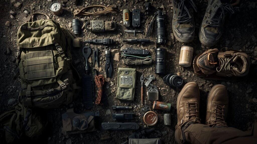 Flat-lay of essential survival gear including backpack, knife, compass, water filter, and first aid kit on rugged ground — showcasing the top 25 prepper items for 2025.