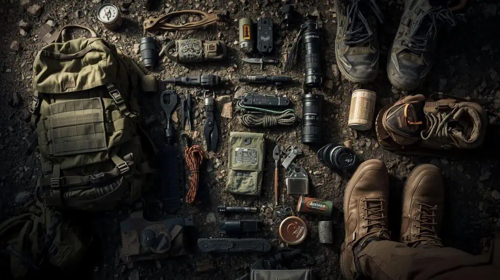 Flat-lay of essential survival gear including backpack, knife, compass, water filter, and first aid kit on rugged ground — showcasing the top 25 prepper items for 2025.