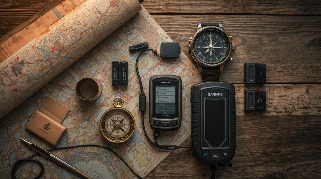 “Flat-lay of prepper navigation gear including map, compass, GPS, and batteries on a wooden table.”