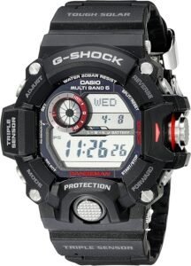 Rugged Casio G-Shock Rangeman digital watch with triple sensor for outdoor adventure and survival. Water-resistant, solar-powered, ideal for hiking, trekking, and extreme sports.